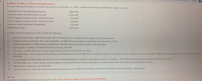  Problem 14-02A a-c (Part Level Submission) The post closing trial balance