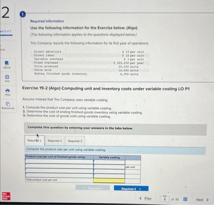  Required information Use the following information for the Exercise below. (Algo)