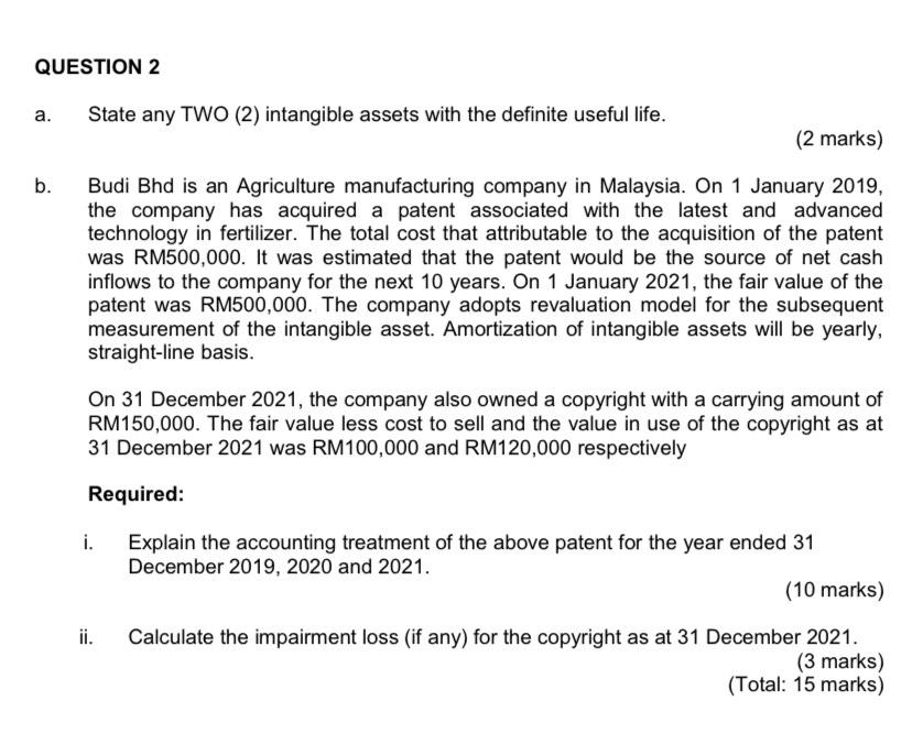  State any TWO (2) intangible assets with the definite useful life.
