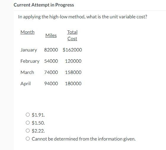 Current Attempt in Progress In applying the high-low method, what is