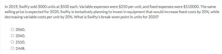 the unit variable cost? $1.91$1.50$2.22 Cannot be determined from the information given.