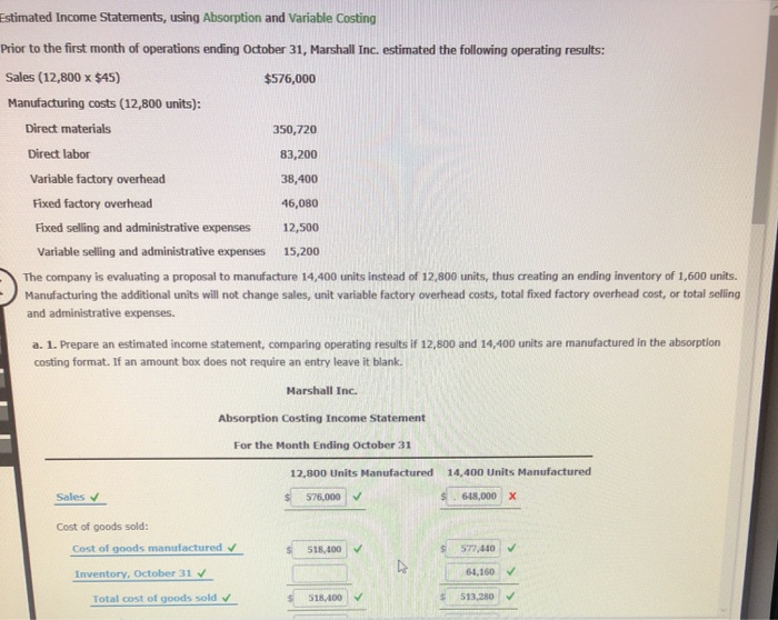  38,400 46,080 12,500 Estimated Income Statements, using Absorption and Variable Costing
