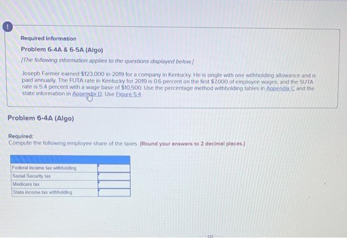  Required information Problem 6.4A & 6-5A (Algo) [The following information applies