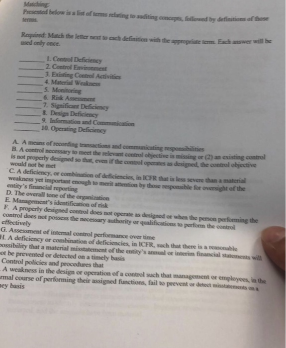 matching...audit help needed Presented below is a list of terms relating to