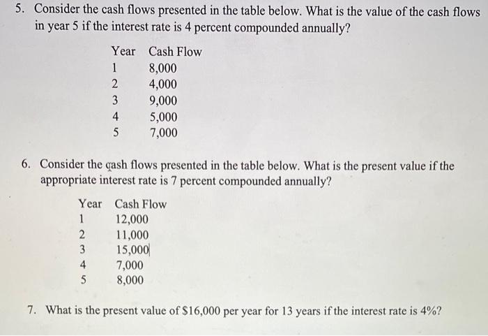  5. Consider the cash flows presented in the table below. What
