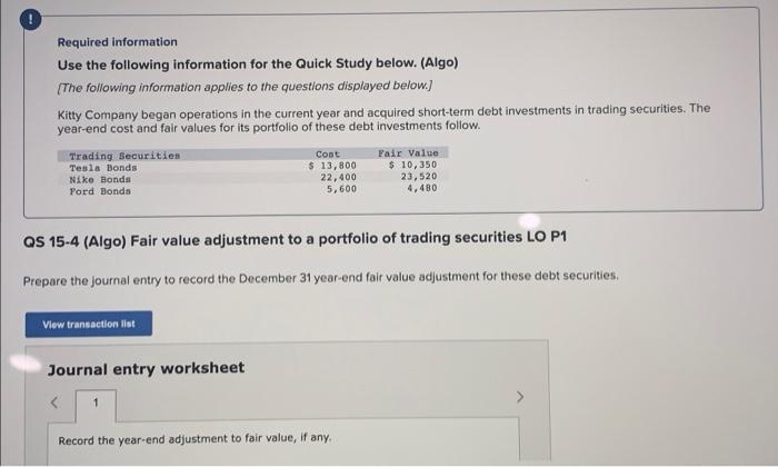  Required information Use the following information for the Quick Study below.