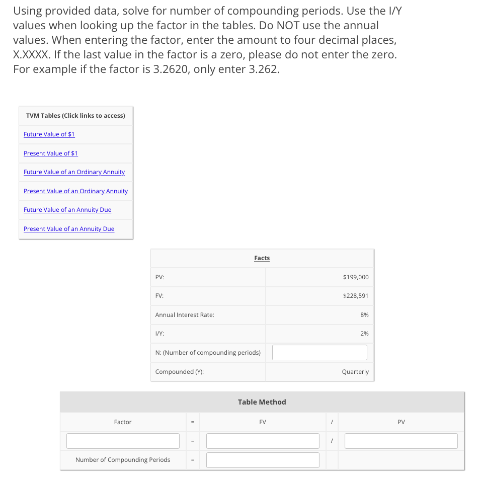Using provided data, solve for number of compounding periods. Use the