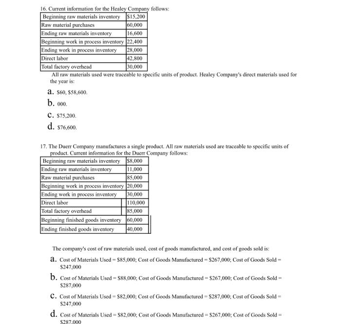 Direct materials problems, please explain steps used. 16. Current information for the