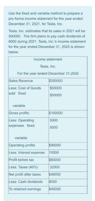  Use the fixed and variable method to prepare a pro forma