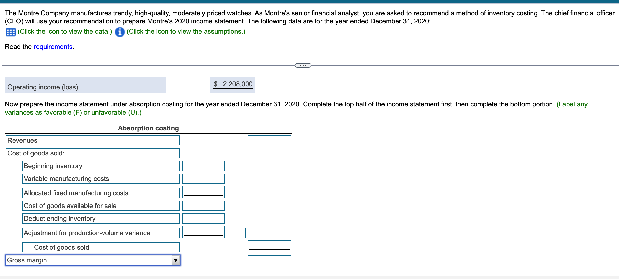 to prepare Montre's 2020 income statement. The following data are for the