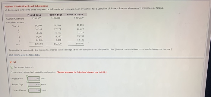  Problem 25-01A (Part Level Submission) UJ Company is considering three long-term