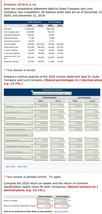  Problem 18-01A a, b1 Here are comparative statement data for Duke