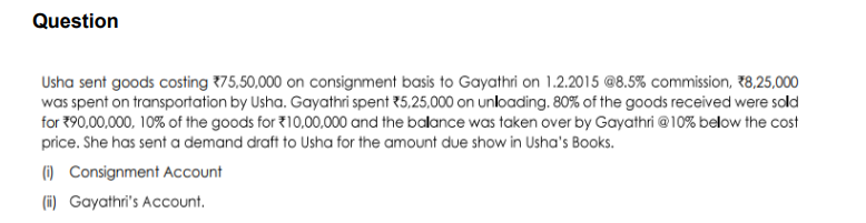 pls answer properly Usha sent goods costing 75,50,000 on consignment basis to