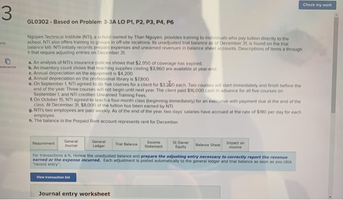  Check my work GLO302 - Based on Problem 3-3A LO P1,