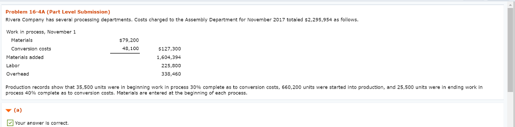 Problem 16-4A (Part Level Submission) Rivera Company has several processing departments.