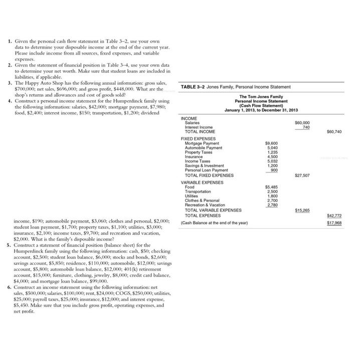  1. Given the personal cash flow statement in Table 3-2, use