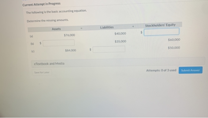  Current Attempt in Progress The following is the basic accounting equation.