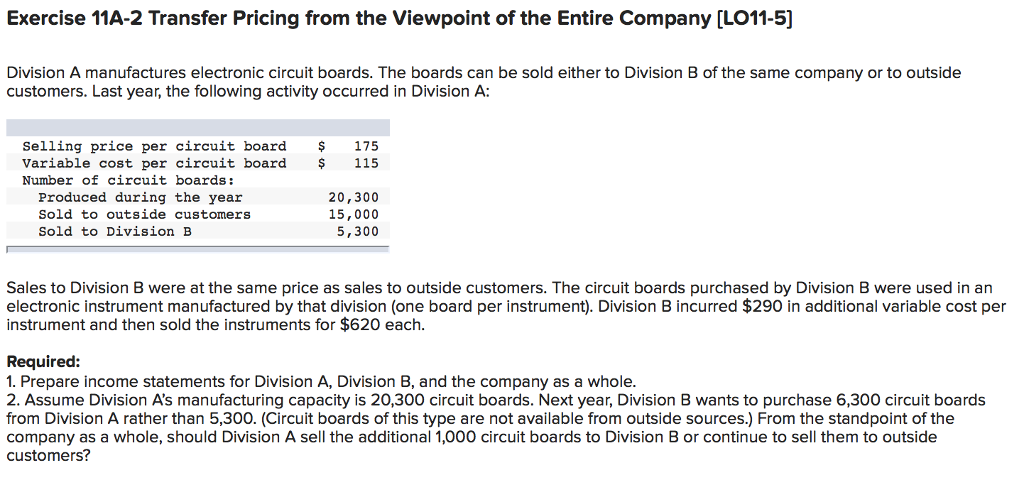 PLEASE ANSWER ALL QUESTIONS PLEASE Exercise 11A-2 Transfer Pricing from the Viewpoint