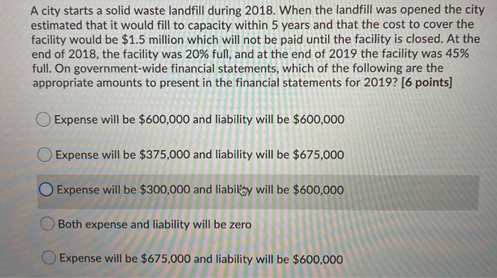  A city starts a solid waste landfill during 2018. When the