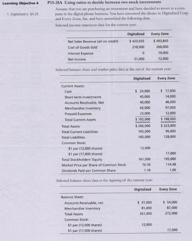  Learning Objective 4 1. Digitalized e. $4.25 P15-28A Using ratios to