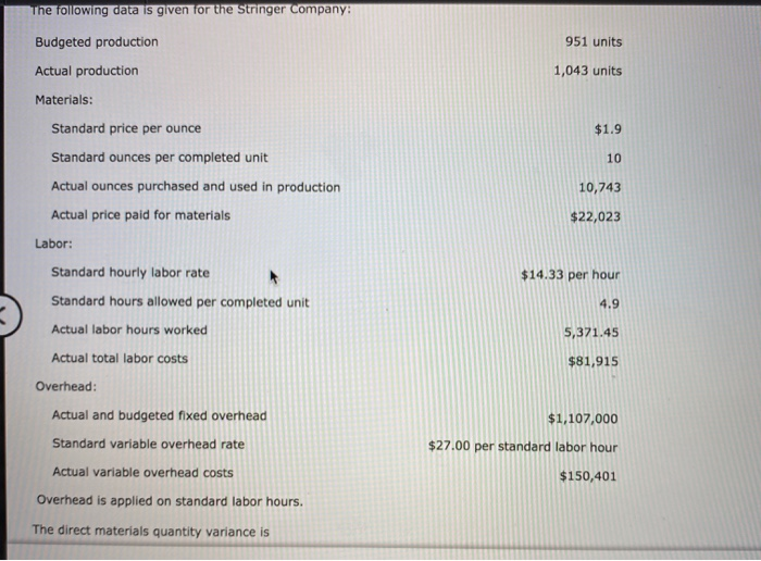 please help finding the Direct Materials Quantity Variance The following data is