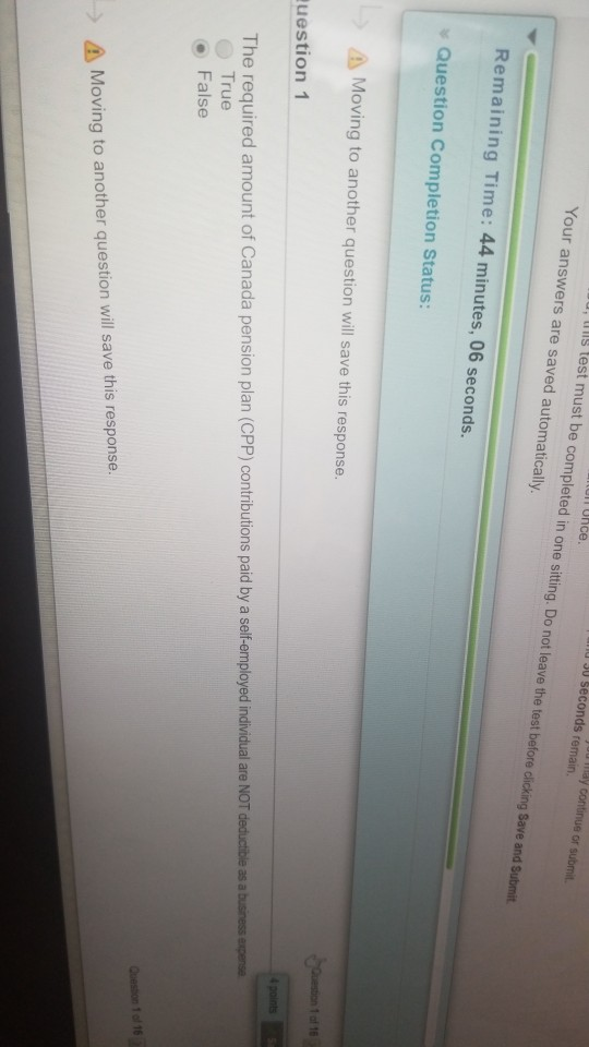  uns test must be completed in one sitting. Do not leave