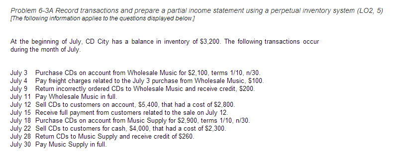 Record transactions and prepare a partial Income statement using a perpetual