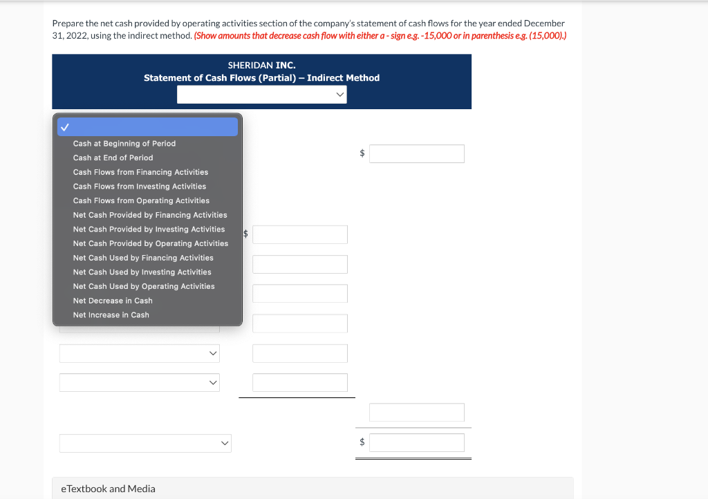 Sheridan's net income for 2022 was $152,700. Depreciation expense was $24,600. Prepare