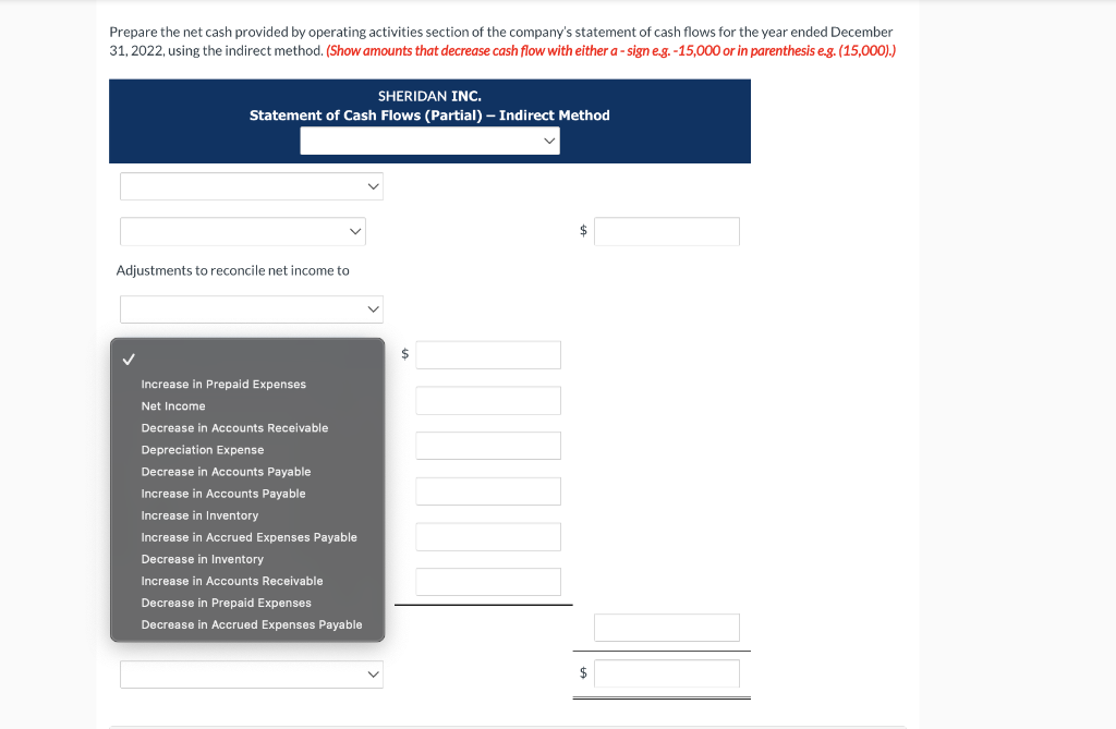 the net cash provided by operating activities section of the company's statement