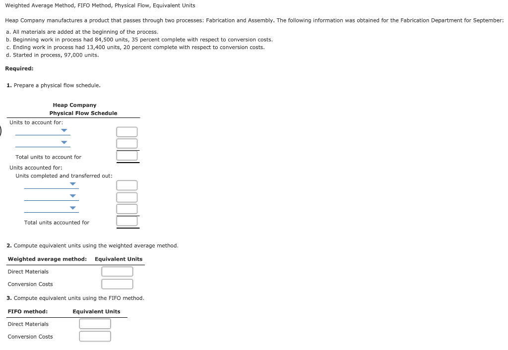 Weighted Average Method, FIFO Method, Physical Flow, Equivalent Units Heap Company