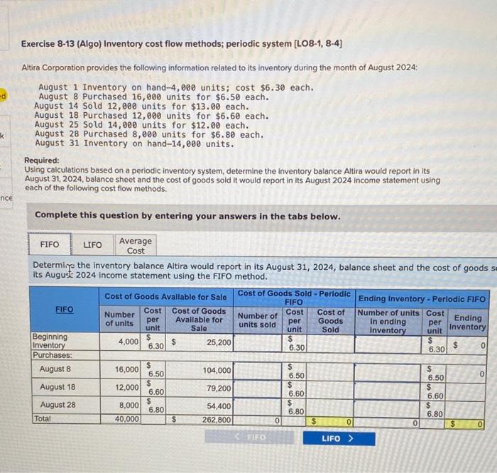  Exercise 8-13 (Algo) Inventory cost flow methods; periodic system [LO8-1, 8-4]