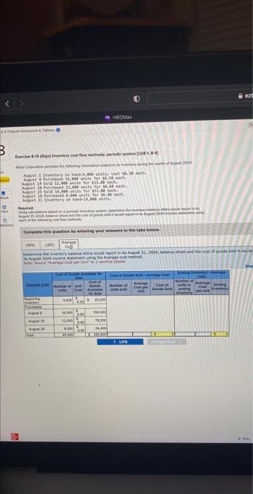 month of August 2024: August 1 Inventory on hand-4,000 units; cost $6.30