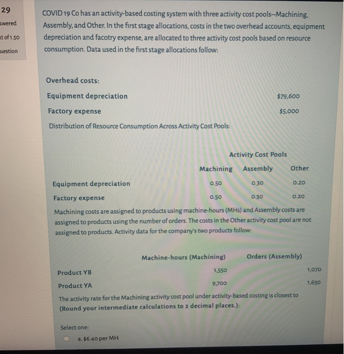  29 swered COVID 19 Co has an activity-based costing system with