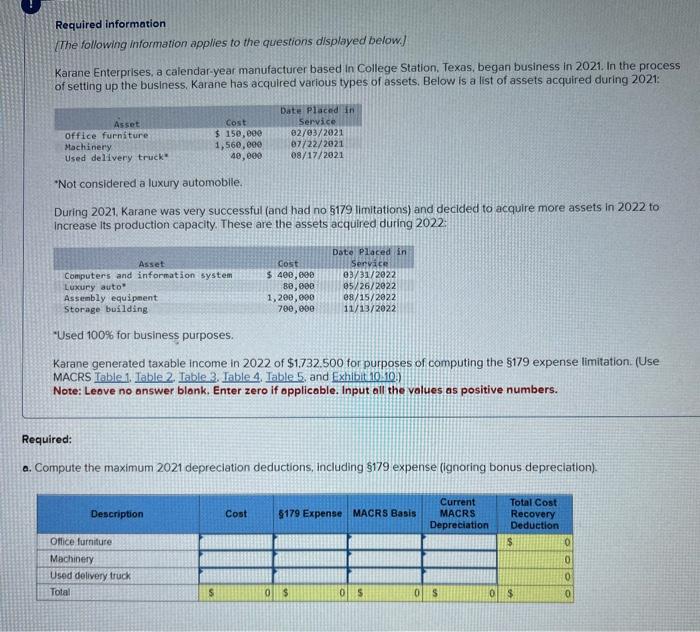 please refer to the image for question. Required information The following information