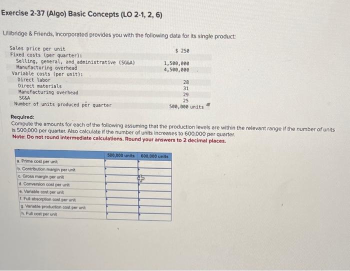  Exercise 2-37 (Algo) Basic Concepts (LO 2-1, 2, 6) Lillibridge \&