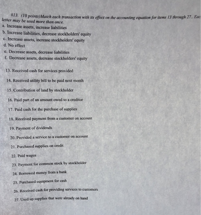  # 1 3 (10 points) Match each transaction with its efect