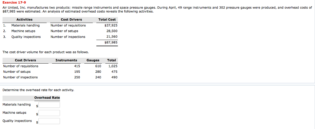 Please solve this problem: Exercise 17-9 Air United, Inc. manufactures two products: