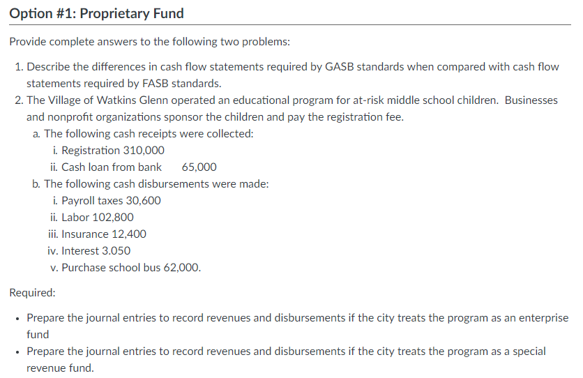 Does this look correct? Option #1: Proprietary Fund Provide complete answers