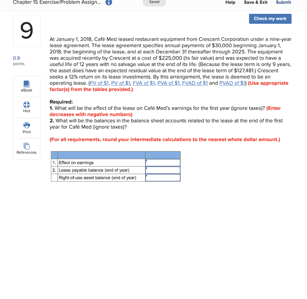 Chapter 15 Exercise/Problem Assign... Saved Help Save & Exit Submit Check