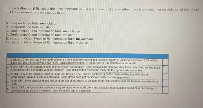 For each situation (1-5), select the most applicable AICPA rule of