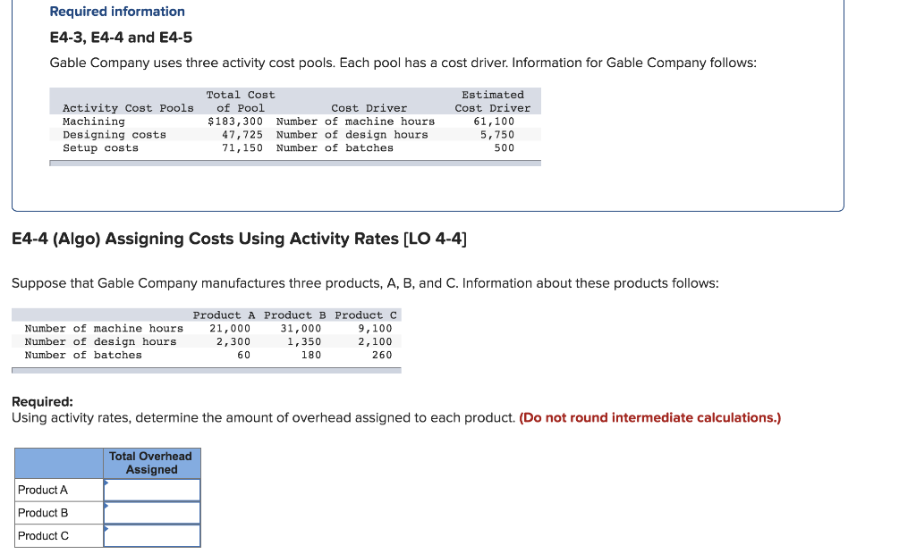  Required information E4-3, E4-4 and E4-5 Gable Company uses three activity