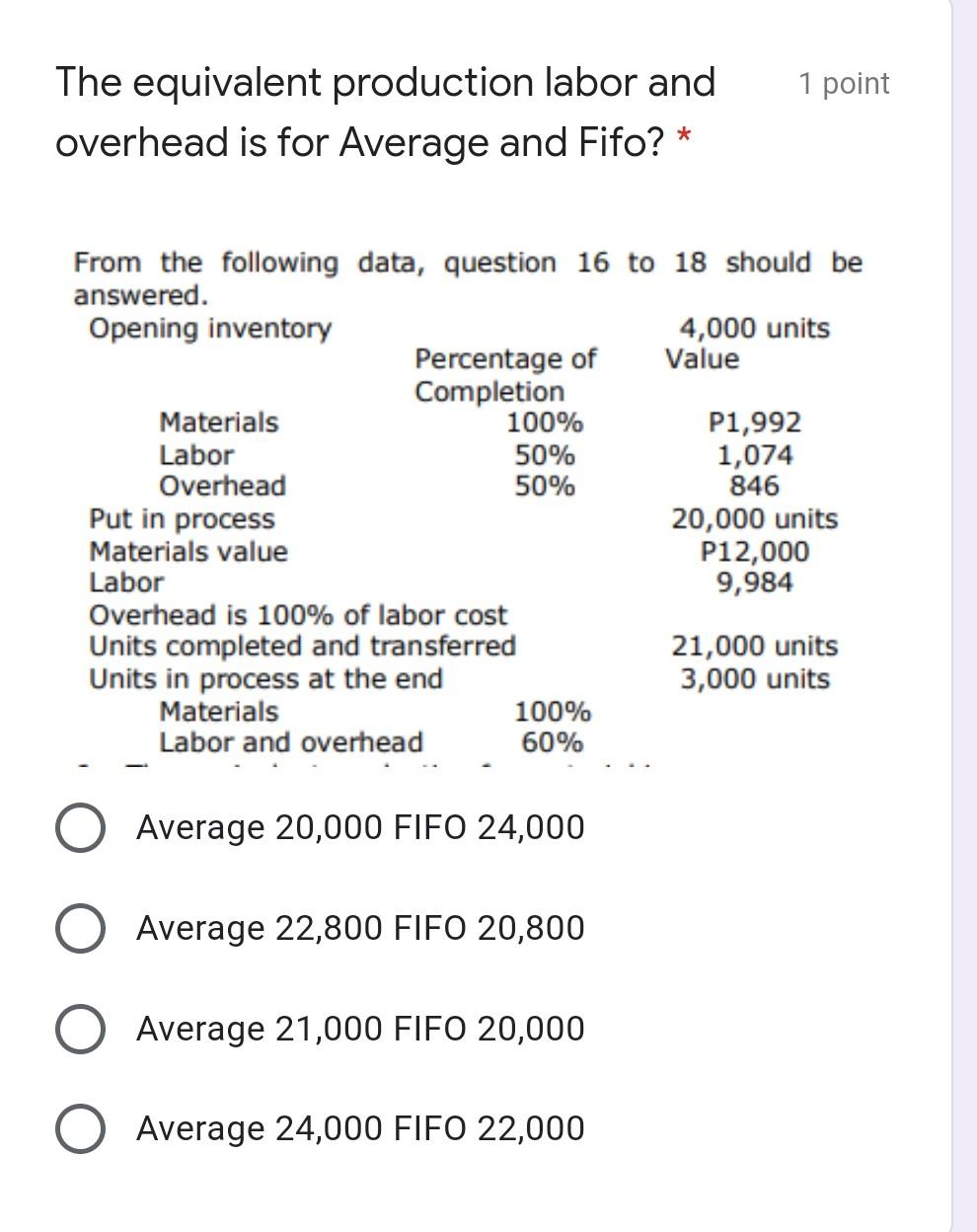 Fifo Method Respectively? * From the following data, question 16 to 18