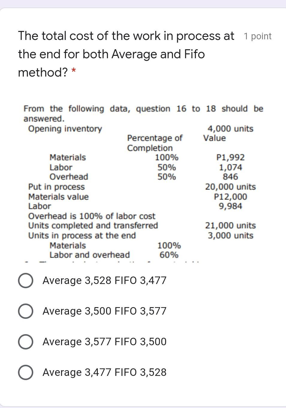 should be answered. Opening inventory 4,000 units Percentage of Value Completion Materials