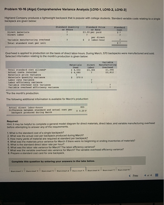  Just part 5-8 please! Problem 10-16 (Algo) Comprehensive Variance Analysis (L010-1,