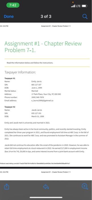  Assignment \#1 - Chapter Review Problem 7-1. Fast the information betow