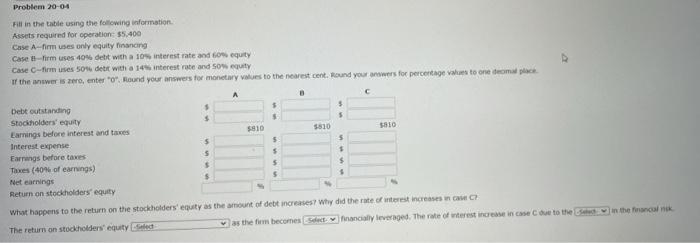  Problem 20-04 Fill in the table using the following information Assets