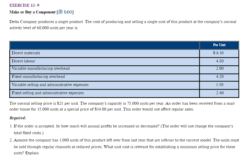  EXERCISE 12-9 Make or Buy a Component [ LO2] Delta Company