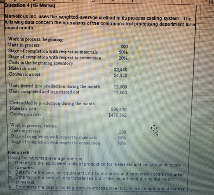  Question 4 (15 Marks) Marvellous Inc. uses the weighted average method