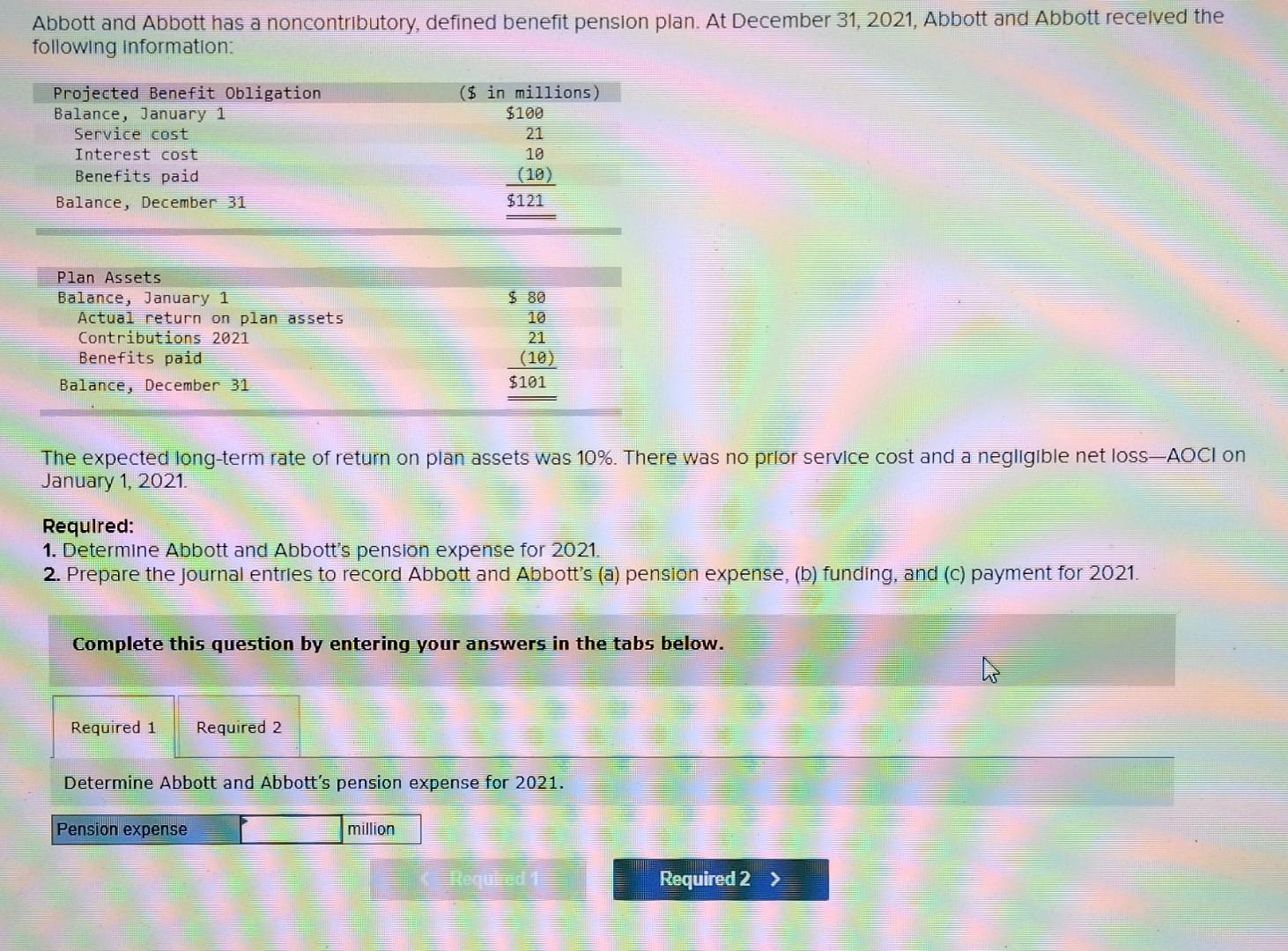  Abbott and Abbott has a noncontributory, defined benefit pension plan. At