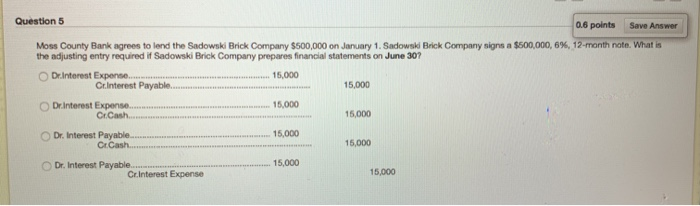  Question 5 0.6 points Save Answer Moss County Bank agrees to
